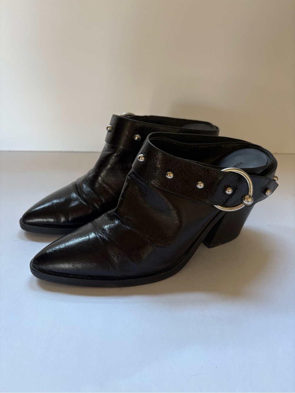 Rebecca Minkoff Sallest Studded Patent Leather Heeled Mule Black 9 Baddie Rock